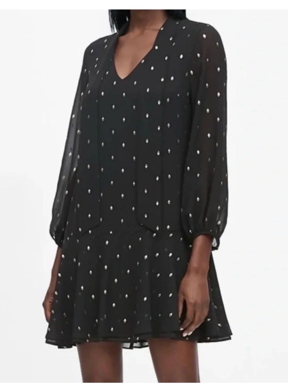 Banana Republic Black V-Neck Long Sleeve Polka Dot Mini Dress